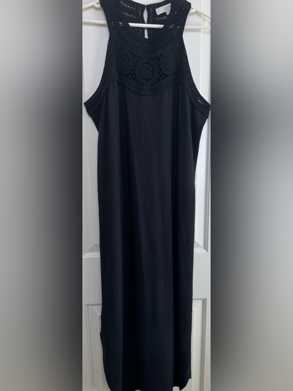 LOFT Black 100% Cotton Crochet Lace Yoke Maxi Dress Size L Boho
